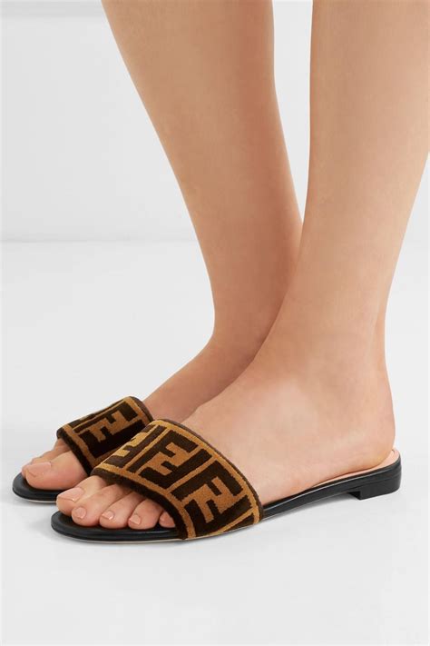 fake fendi brown logo velvet slides